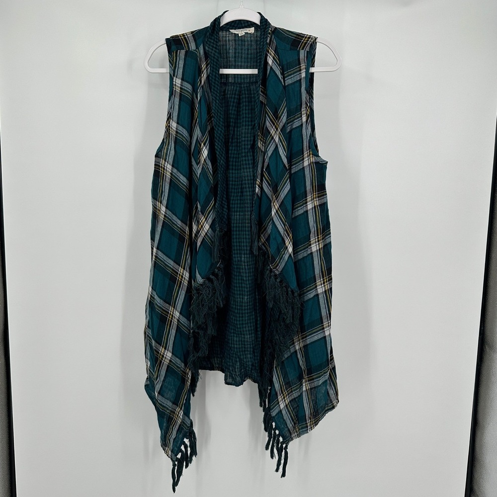Umgee Womens Boho‎ Open Front Plaid Vest Size 1X Fringe Hippie Festival Western